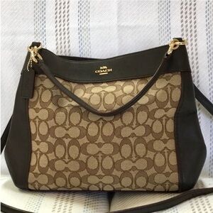 Coach Brand New Lexy Genuine Leather/Canvas Dark Brown Satchel Bag